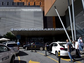 View of the main entrance of the Albert Einstein hospital where Brazilian football legend Edson Arantes do Nascimento, known as Pele, was hospitalized in Sao Paulo, Brazil. (AFP/Nelson ALMEIDA)