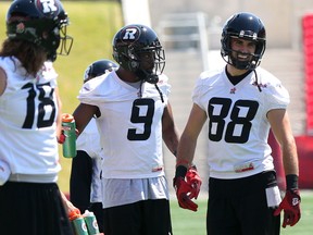 Ottawa RedBlacks wide receiver Brad Sinopoli (88) shares a laugh with teammates during practice at TD Place on Monday, July 20, 2015. (Chris Hofley/Ottawa Sun)