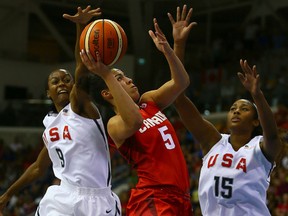 Canada's Kia Nurse goes up for a basket against the USA last night. (Dave Abel/Toronto Sun)