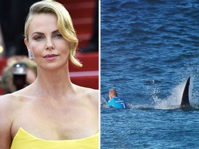 Charlize Theron, left, and Australian surfer Mick Fanning, right, with an encounter with a shark at Jeffreys Bay, South Africa. (AFP/AP photos)