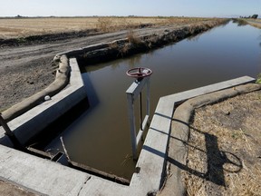 In this photo taken July 15, 2015, water flows down a canal near Byron, Calif. The California State Water Resources Control Board said it's proposing a fine of US$1.5 million against the Byron-Bethany Irrigation District for allegedly taking water from a pumping plant after it was warned that there was not enough water. (AP Photo/Rich Pedroncelli)