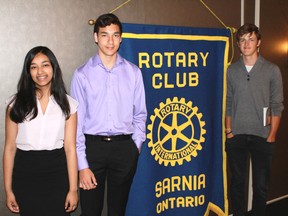 Shubhika Mahakul, Christiano Pagotto and David Chobotov spoke about their recent experiences at the Seminar for Tomorrow's Leaders at the Rotary Club of Sarnia's weekly luncheon on July 13. 
CARL HNATYSHYN/SARNIA THIS WEEK