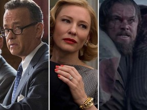 From left: Tom Hanks in Bridge of Spies; Cate Blanchett in Carol; Leonardo DiCaprio in The Revenant. (Handout photos)