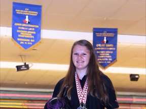 Woodstock's Rebekah Loker won three gold and a silver at the Canadian Tenpin Federation National Youth Championship May 28 to June 1 in Winnipeg, MB. The College Avenue Secondary School student won golds in the singles junior girls' division, doubles junior boys'/girls' division, silver in the junior boys'/girls' teams division and gold for junior girls' all events. (Greg Colgan, Sentinel-Review)