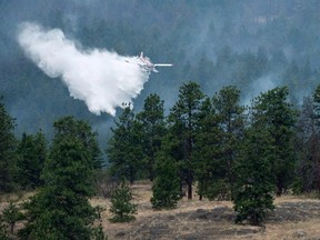 A water bomber drops water on a hillside in West Kelowna, B.C. on Friday, July, 18, 2014. Tuesday morning, evacuation orders were issued for the west side of Okanagan Lake just north of West Kelowna after winds caused a wildfire to flare up. THE CANADIAN PRESS/Jonathan Hayward