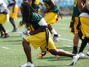 Marcus Howard marches to his own drummer when it comes down to sack celebrations (Ian Kucerak, Edmonton Sun).