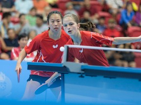 Table tennis player Alicia Côté (right), seen here in a past tournament, is the youngest member of Team Canada at the 2015 Pan American Games. (Thorsten Gohl/Table Tennis Canada)