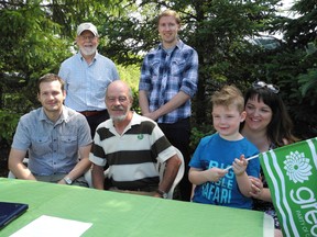 Carol Mulligan/The Sudbury Star
Organic grower Stuart McCall (front centre) announced Tuesday he will seek the Green Party nomination in Nickel Belt in the federal election. He was joined at a news conference by Pastor Spencer Boersma (front left), Malik and Jody Jakubo, John Hannah (back left) and David Fuller.