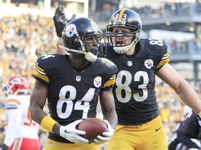 Steelers wide receiver Antonio Brown (84) and tight end Heath Miller (83) celebrate after Brown scored a touchdown against the Chiefs during NFL action at Heinz Field in Pittsburgh on Dec. 21, 2014. The NFL is not ruling out Pittsburgh as a future Super Bowl host. (Charles LeClaire/USA TODAY Sports)