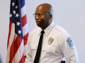 Andre Anderson leaves at the end of a news conference announcing him as the interim chief of the Ferguson Police Department, Wednesday, July 22, 2015, in Ferguson, Mo. (AP/Jeff Roberson)