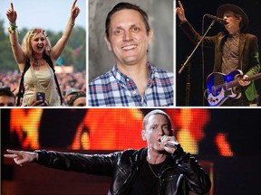 (Clockwise from top) An Osheaga reveller takes in the sounds and sunshine, founder Nick Farkas, Beck headlining in 2013, and Eminem. (Postmedia/Reuters file photos)