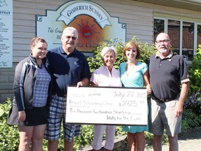 The Alexandra Marine and General Hospital (AMGH) Foundation accepted a donation of $2,725, proceeds from the Rally for the Cure Golf Tournament, on July 22. From left to right: Ashley Gravett; Gary Gravett, owner of Sunset Golf Club; Linda Kirkwood, Rally for the Cure co-ordinator; Shannon LaHay, manager finance and administration, AMGH Foundation and Myles Murdoch, chair, AMGH Foundation. (Steph Smith/Goderich Signal Star)