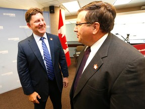 New Ontario Power Generation CEO and president Jeffrey Lyash, left, with outgoing OPG head Tom Mitchell Wednesday July 22, 2015. (Michael Peake/Toronto Sun)