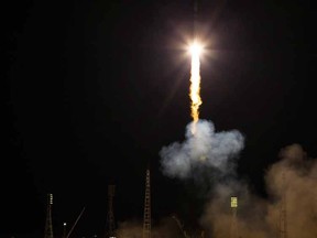 The Soyuz-FG booster rocket with the space capsule Soyuz TMA-14M launched to the International Space Station from the Russian leased Baikonur cosmodrome, Kazakhstan, in Kazakhstan, early Thursday, July 23, 2015. The Russian rocket carries Russian cosmonaut Oleg Kononenko, U.S. astronaut Kjell Lindgen and Japan astronaut Kimiya Yui. (AP Photo/Pavel Golovkin)