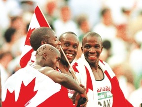 The 1996 gold-medal winning Canadian men’s relay team, from left: Robert Esmie, Glenroy Gilbert, Bruny Surin and Donovan Bailey. (Sun file)