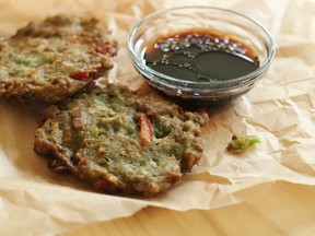 This July 13, 2015 photo shows Korean mung bean pancakes in Concord, N.H. Mung beans have been a staple of the cuisines of India, China, Korea and Southeast Asia for thousands of years. And with good reason. They are a delicious and healthy source of protein and fiber. (AP Photo/Matthew Mead)
