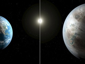 An artistic illustration compares Earth (L) to a planet beyond the solar system that is a close match to Earth, called Kepler-452b in this NASA image released on July 23, 2015. The planet is located about 1,400 light years away in the constellation Cygnus, the scientists told a news conference on Thursday. The planet is located where life could exist because it is neither too hot nor too cold to support liquid water and its star looks like an older cousin of our Sun, the U.S. space agency said. That means the planet, which is 1,400 light-years away, could offer a glimpse into the Earth's apocalyptic future, scientists said. REUTERS/NASA/Ames/JPL-Caltech/T. Pyle/Handout