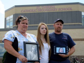 SARAH HYATT/THE INTELLIGENCER
The Hill family, Shelley, Cassidy and Jayme, are encouraging youth struggling with depression to reach out for help. The Hills lost their son and brother, Evan Hill, 17, to suicide on June 21. Here, they show the last photo Evan posted to his Facebook (left) and an older photograph (right).  A memorial ball hockey tournament is being organized in Evan's honour to raise awareness and funds for Children's Mental Health Services and will take place at St. Theresa's Catholic Secondary School, where Evan attended.