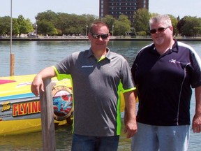 A charity memorial poker run is coming to Sarnia Bay Marina July 31 to Aug. 1. From left,  Performance Boat Club of Canada board of director Dave Scotto and president Carl McBride explained the event will raise money in memory of Mike Fiore and also the St. Joseph's Hospice of Sarnia Lambton. (Terry Bridge/Sarnia Observer)