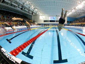 In a photo taken with a fisheye lens, athletes dive into the pool during the men's 100m breaststroke final at the Pan Am Games, Friday, July 17, 2015, in Toronto. (AP Photo/Julio Cortez)