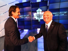 Toronto Maple Leafs president Brendan Shanahan announces his new GM Lou Lamoriello at a press conference in Toronto on Thursday, July 23, 2015. (Michael Peake/Toronto Sun)