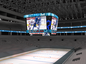 A render of the new $10-million scoreboard for the Air Canada Centre show off an LED-lit maple leaf within the structure.