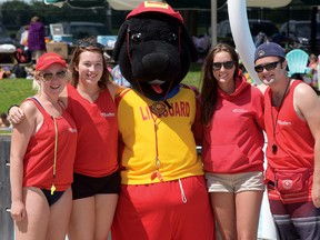 Buddy the Lifeguard visits at Lake Lisgar Water Park with lifeguards Ellen Veinot, Kevin Rachar, Ally Buchman and Michelle Bijsterveld, during National Drowning Prevention Week. CHRIS ABBOTT/TILLSONBURG NEWS