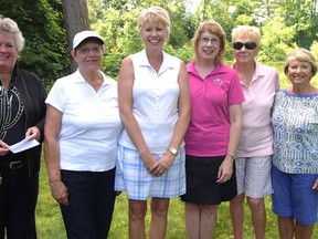 CHRIS ABBOTT/TILLSONBURG NEWS
Pam Good, convener, (on the left) congratulates the winners of the Scotch Two Ball golf tournament at The Bridges -- Marg Moylan and Devona Allin (1st low gross), and Dorrell Clark and Lil Neale (1st low net), with co-convener Lillian McCune.