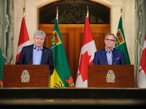 Prime Minister Stephen Harper and Saskatchewan Premier Brad Wall appear at a news conference at the Saskatchewan Legislative Building in Regina, Sask., Friday, July 24, 2015. THE CANADIAN PRESS/Mark Taylor