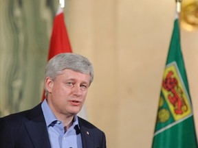 Prime Minister Stephen Harper speaks at the Saskatchewan Legislative Building in Regina, Sask., Friday, July 24, 2015. THE CANADIAN PRESS/Mark Taylor