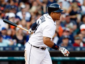 Detroit Tigers first baseman Miguel Cabrera singles in the fourth inning against the Toronto Blue Jays at Comerica Park. (Rick Osentoski/USA TODAY Sports)