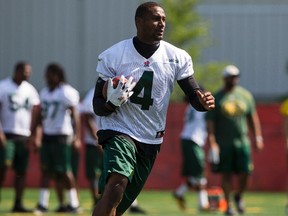 Edmonton Eskimos' Adarius Bowman (4) runs with the ball during a walkthrough at Clarke Stadium in Edmonton, Alta., on Friday July 24, 2015. The Eskimos play the Winnipeg Blue Bombers at Commonwealth Stadium in Edmonton on July 25 at 5 p.m.. Ian Kucerak/Edmonton Sun/Postmedia Network