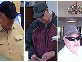 The suspected "Snowbird Bandit" is shown in this combination of surveillance handout photos released by the Federal Bureau of Investigation to Reuters on July 23, 2015. Randolph Bruce Adair, a retired Los Angeles Police Department detective has been arrested in a string of bank robberies attributed to the so-called "Snowbird Bandit" after several of his family members tipped off authorities, police said.  REUTERS/FBI/Handout via Reuters