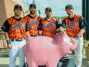 (Left to right) Goldeyes players Casey Haerther, Nick Hernandez, Luis Alen and Josh Mazzola show off their special bacon-print jerseys in advance of Bacon Night Thursday, July 30, 2015 against the Amarillo ThunderHeads at Shaw Park in Winnipeg. Jeff Miller/Winnipeg Goldeyes Baseball Club