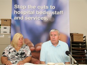 Sharon Richer, left, northeast Ontario vice-president of the Ontario Council of Hospital Unions (OCHU), and Michael Hurley, president of OCHU,  hold a press conference in Sudbury, Ont. on Monday July 27, 2015. John Lappa/Sudbury Star/Postmedia Network