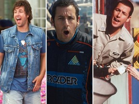 From left: Adam Sandler in That's My Boy (2012), Pixels (2015), and Big Daddy (1999). (Handout photos)