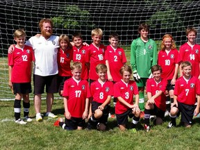 The St. Thomas Reds (U-12 boys) finished second at the 22nd annual Brockport International Soccer Festival, one of western New York's largest soccer tournaments, posting two wins and two ties. Front row, from left - Jake Lister; Dillon Richman, Evan Geurts, Danny Bacon, Jack Fairfield and Noah Asher. Back row - Grant Ferguson, head coach Jeff Renaud, Jack Tunstill, Gavin Barnhouse, Owen den Brinker, Daniel Guernsey, A.J. Stanat, Clark Renaud, Kaiden Banks and associate coach Phil Tunstill.