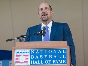 Hall of Fame Inductee John Smoltz makes his acceptance speech during the Hall of Fame Induction Ceremonies at Clark Sports Center in Cooperstown, N.Y., on Sunday, July 26, 2015. (Gregory J. Fisher/USA TODAY Sports)