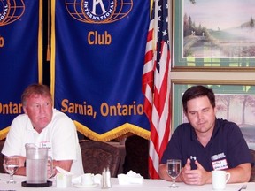 Sarnia Sting president Bill Abercrombie (left) and general manager Nick Sinclair address the Seaway Kiwanis Club of Sarnia-Lambton at the club's weekly meeting on Tuesday July 28, 2015 in Sarnia, Ont. (Terry Bridge/Sarnia Observer/Postmedia Network)