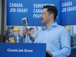 JESSICA LAWS/FOR THE INTELLIGENCER
The Honourable Pierre Poilievre, Minister of Employment and Social Development, celebrates the success of the Canada Job Grant in Belleville for five employees at MicroAge Technology Solutions.