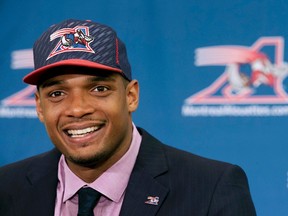 Defensive end Michael Sam smiles as he is introduced to the media by the Montreal Alouettes in Montreal, in this file photo taken May 26, 2015. 
(REUTERS file)
