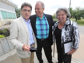 From the left, City Coun. Brian Mayes, MLA Ron Lemieux, and MP Joyce Bateman attend a 2017 Canada Summer Games media event at the Pan Am Pool in Winnipeg Tuesday, July 28, 2015.