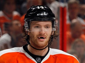 Sean Couturier of the Philadelphia Flyers argues a penalty call during NHL playoff action against the New York Rangers at the Wells Fargo Center on April 25, 2014 in Philadelphia. (Bruce Bennett/Getty Images/AFP)