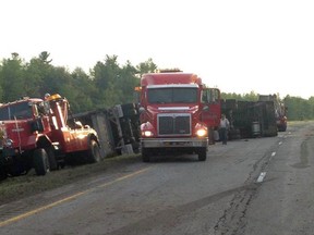 A tractor-trailer rollover at Prescott has blocked the eastbound lanes of Hwy. 401 on Wednesday morning. (Submitted image OPP via OPP_ER)