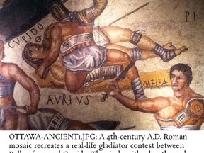 A 4th-century A.D. Roman mosaic recreates a real-life gladiator contest between Bellerefons and Cupido. The circle with a bar through it next to Cupido’s name indicates that he lost. JOHN MASTERS/MERIDIAN WRITERS' GROUP