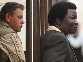 Zimbabwean hunter Theo Bronkhorst (left) and safari operator Honest Ndlovu wait to appear in Hwange magistrates court, July 29, 2015.  REUTERS/Philimon Bulawayo