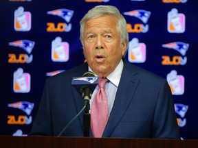 New England Patriots owner Robert Kraft addresses a room full of reporters to make a statement condemning NFL Commissioner Roger Goodell's action upholding New England Patriots quarterback Tom Brady's four game "Deflategate" suspension during an NFL football training camp media availability at the team's facility Wednesday, July 29, 2015, in Foxborough, Mass. (AP Photo/Stephan Savoia)