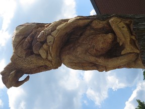 Local artist Kane Sibley of Mount Brydges carving a century-old maple tree damaged by a storm in June at the corner of Front and Head Street in Strathroy.