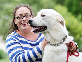 Celeste Gagnon, director of the Lakeridge Giant Breed Rescue, hugs her Great Pyrenees mix Skye. Gagnon's organization is holding a raffle on Saturday to cover the vet bills for a pair of mastiffs they recently took in. (Brian Donogh/Winnipeg Sun)