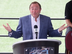 NHL commissioner Gary Bettman speaks to the media during a press event to announce the 2016 Winter Classic Wednesday in Foxboro, Mass. (JOHN KRYK/Toronto Sun)